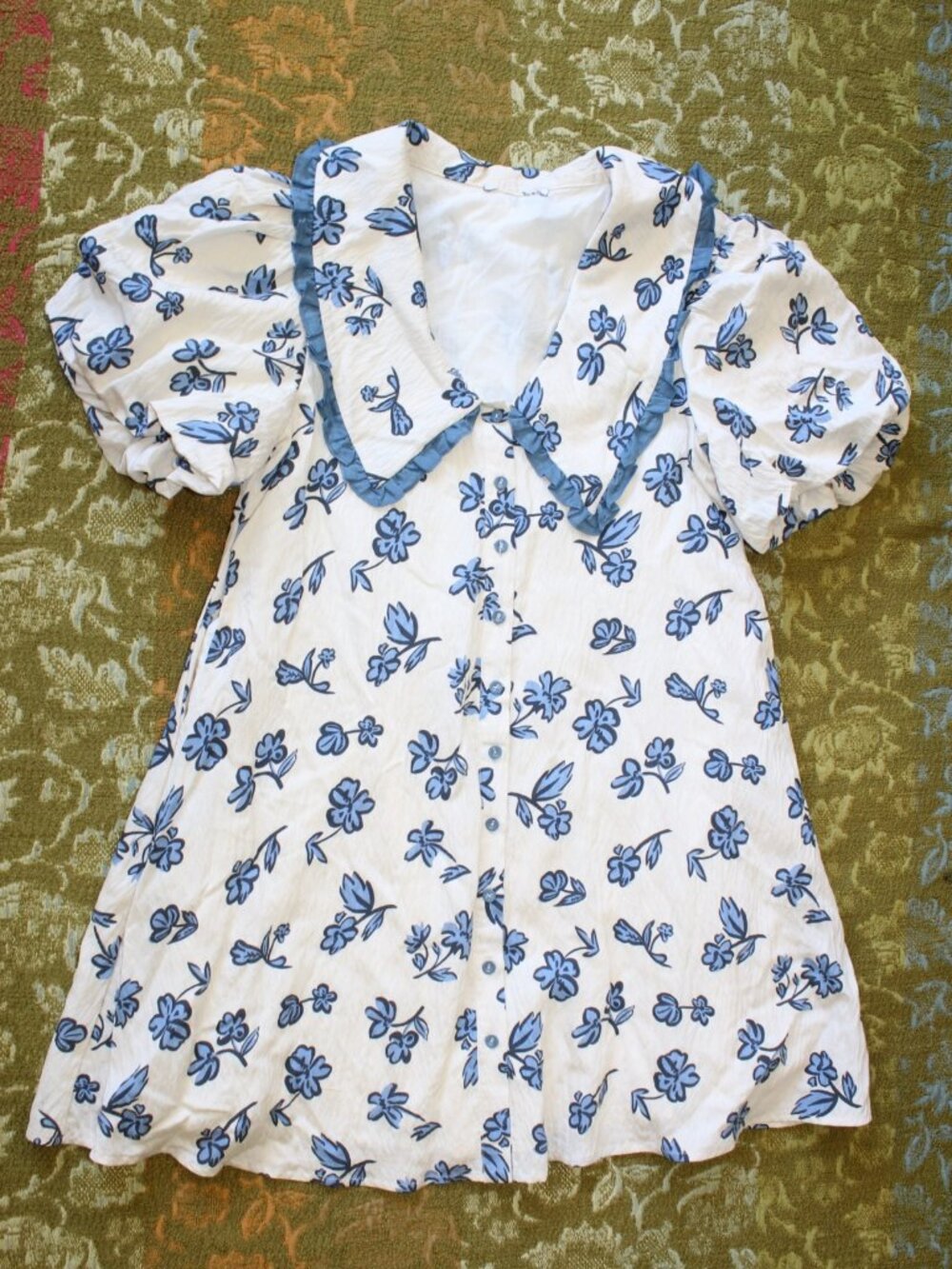 Poppy Collared Mini Dress Blue floral Print Size Small Ruffled Peter Pan Collar - Picture 12 of 14